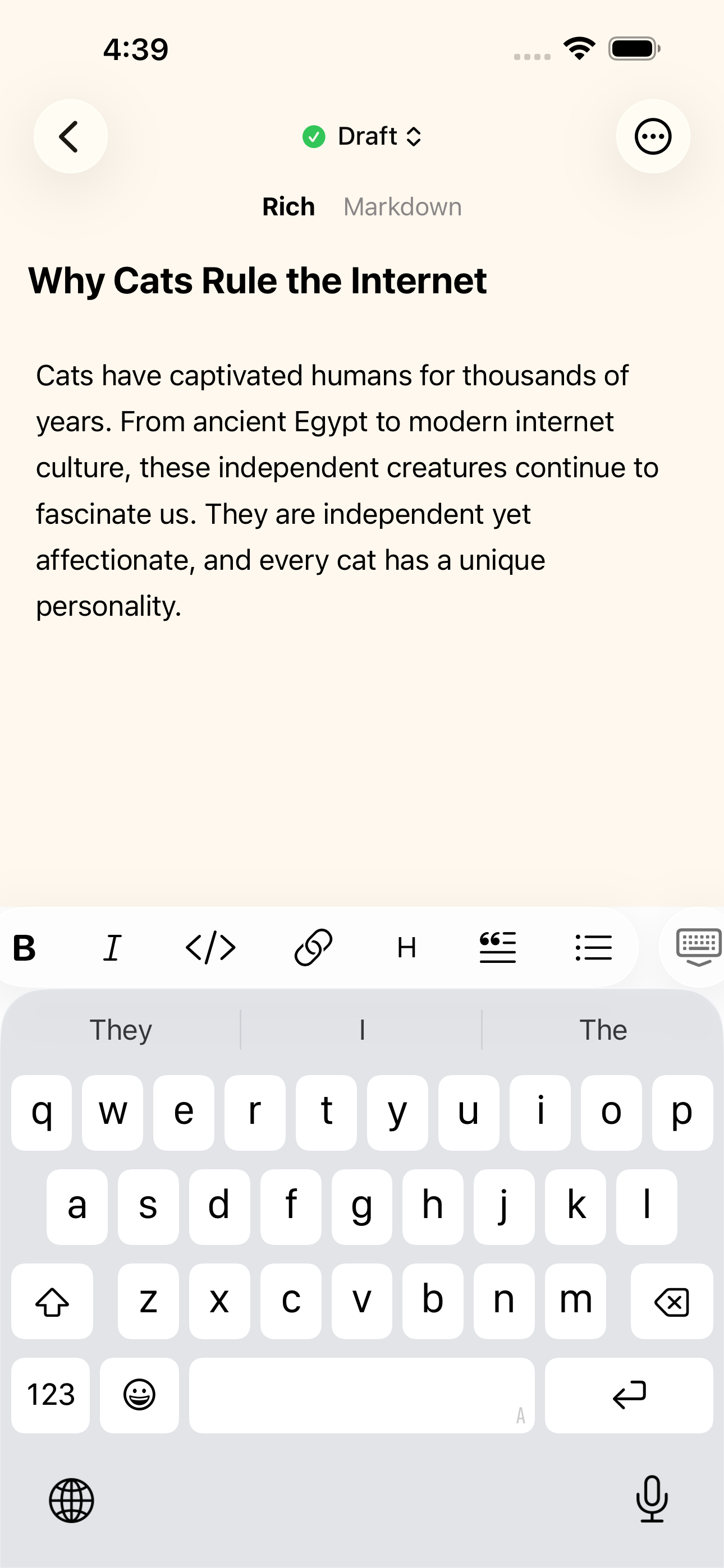 Rich markdown editor with formatting toolbar